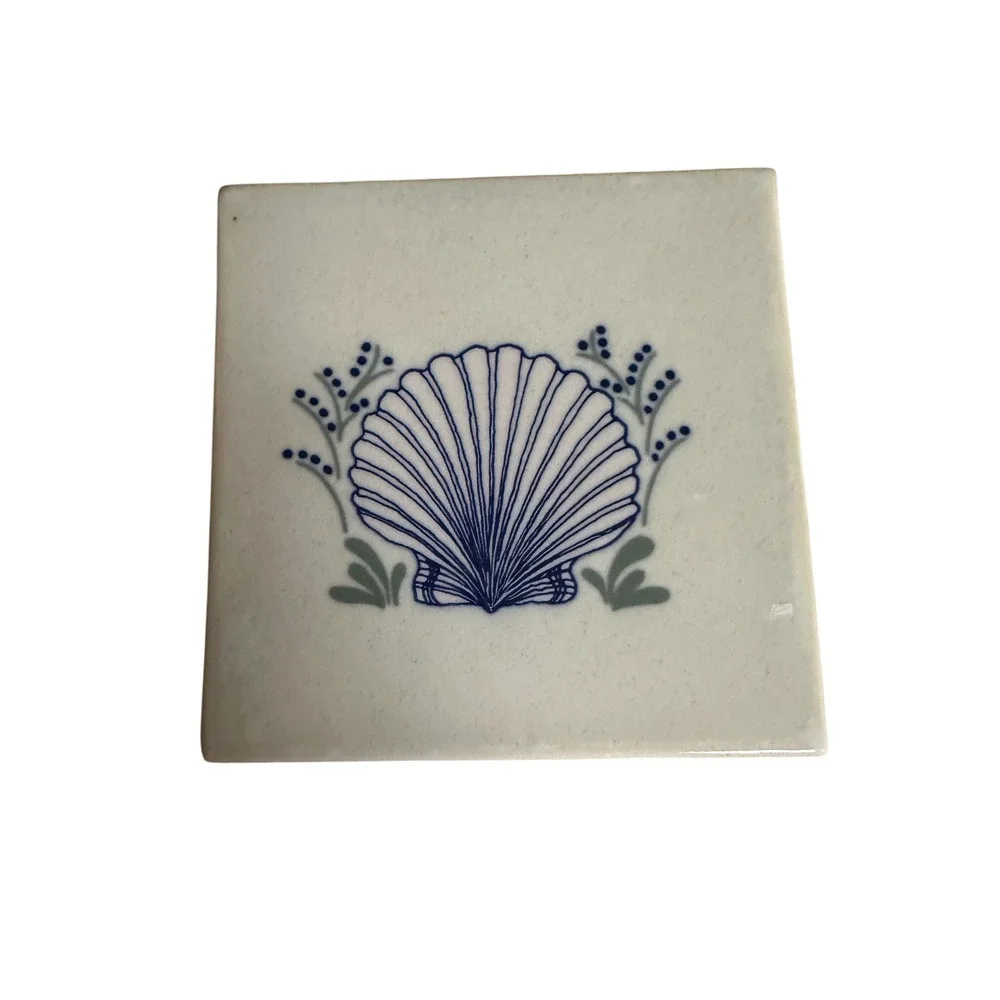 Vintage 6x6 Ceramic Decorative Trivet Tile Blue Seashell Coastal Glazed Cream